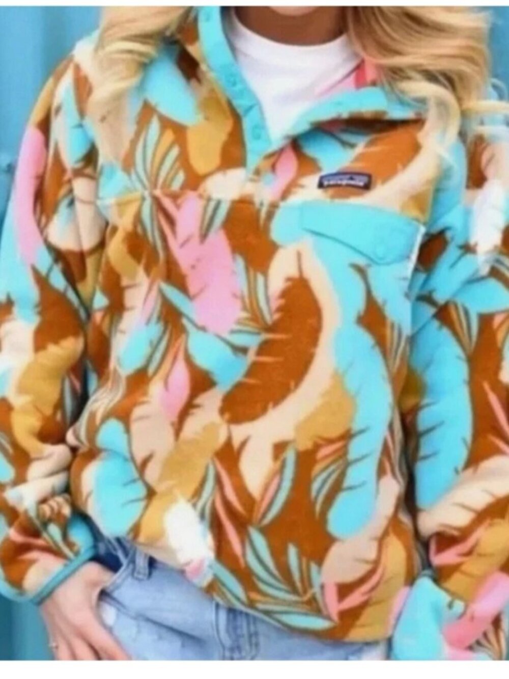 PATAGONIA SYNCHILLA WOMENS XL SNAP T FLEECE FEATHER PRINT MULTICOLOR OUTDOORS